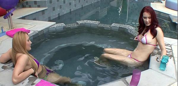 Blonde chick A.J. Applegate and redhaired cutie Melody Jordan become very horny taking  cooperative outdoor jacuzzi